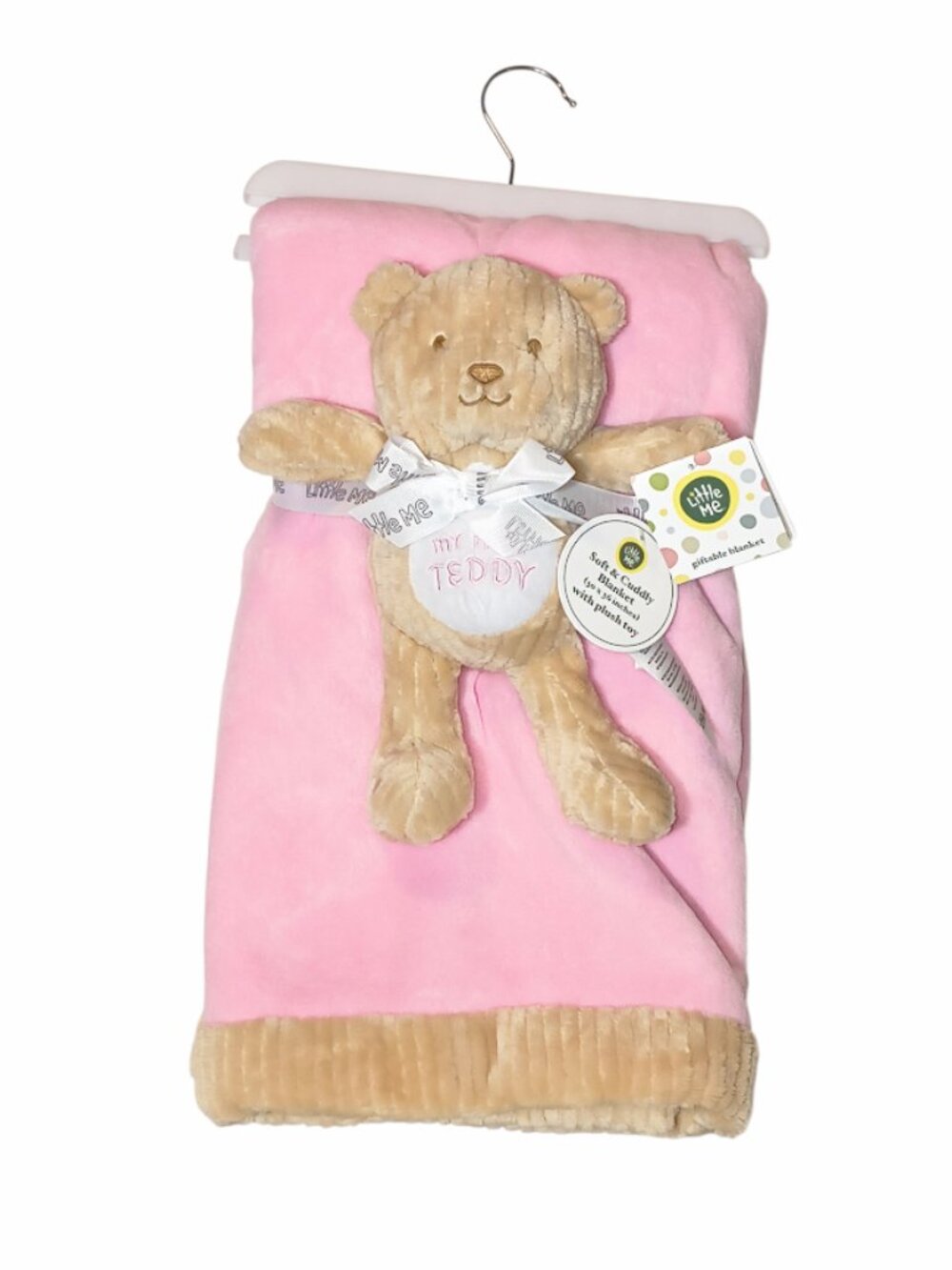 Little Me My First Teddy Ribbed Trim Pink Lovey Blanket Set 30" X 36" NEW